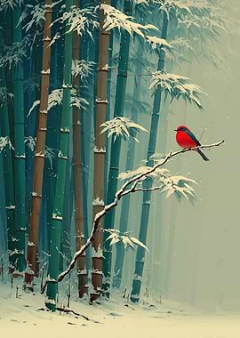 Red Bird in Snowy Bamboo Forest