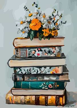 Stack of Books with Flowers