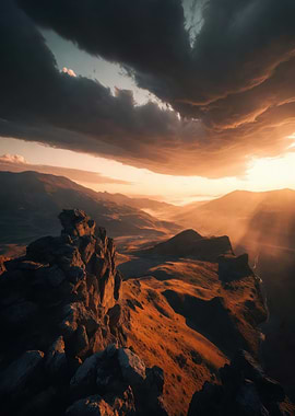 Dramatic Mountain Sunset with Sunbeams