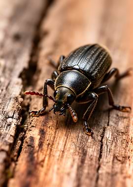 Close-up of a dark beetle on wood