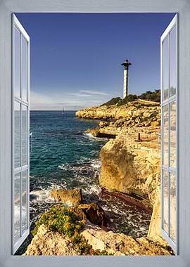 Window View of Lighthouse and Coastline