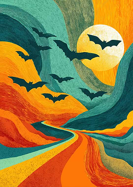 Halloween Bats and Moon Landscape