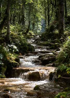 Forest stream cascading over rocks