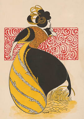 Art Nouveau Woman in Yellow and Black Dress