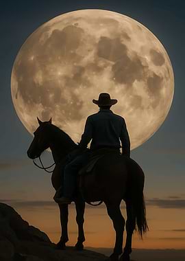 Cowboy and Horse Under the Moon