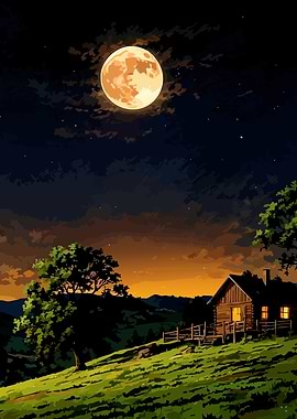 Moonlit Cabin in a Rolling Landscape