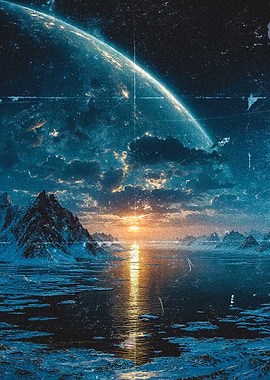 Alien Planet Sunrise Over Icy Landscape