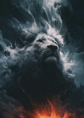 Majestic Lion Emerging from Smoke and Fire