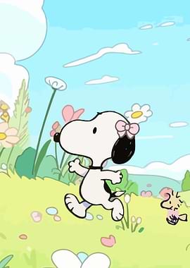 Snoopy and Woodstock in a field