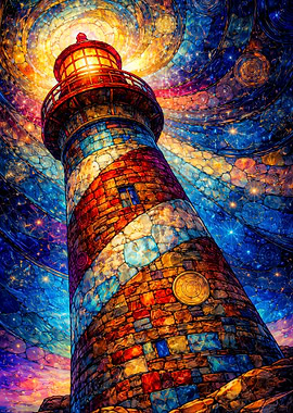 Stained Glass Lighthouse in Cosmic Sky