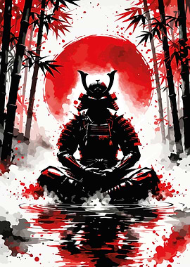 Samurai Meditating Under Red Sun