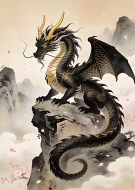 Black and Gold Dragon on Cliff