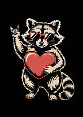 Raccoon Holding Heart with Sunglasses