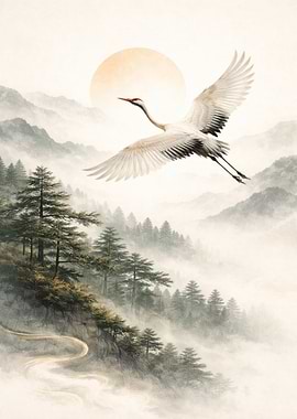 Crane flying over misty mountains