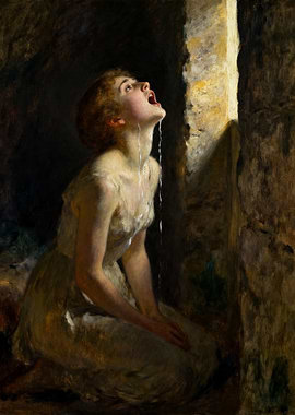Woman drinking water from a crevice