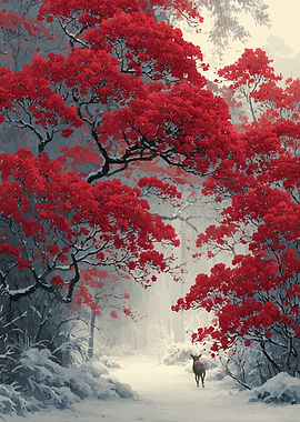 Deer in a Snowy Forest with Red Leaves