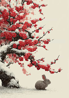 Rabbit Under Snow-Covered Cherry Blossoms