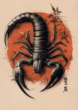 Scorpion with Japanese Sun and Leaves Zodiac