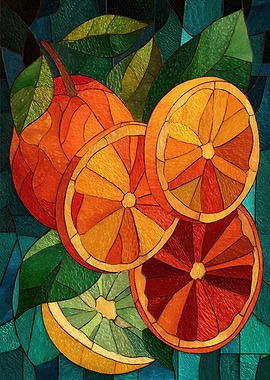 Stained Glass Oranges and Leaves