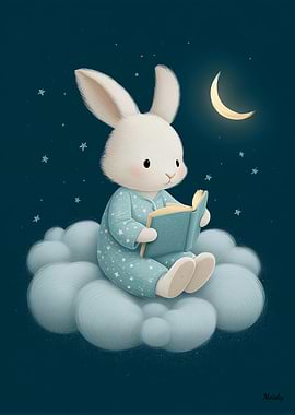 Cute Bunny Reading on Cloud Nursery Bedtime Wall Art