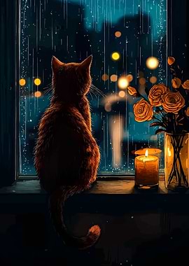 Cat Watching Rain by Candlelight