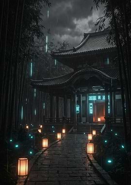 Cyberpunk Japanese Temple at Night