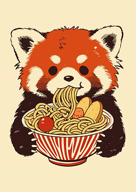 Cute Red Panda Eating Noodles