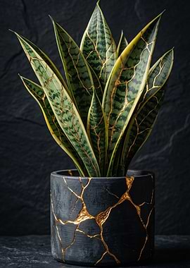 Kintsugi Snake Plant in Black Pot