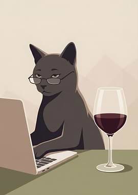 Minimalist Black Cat with Laptop and Wine Glass