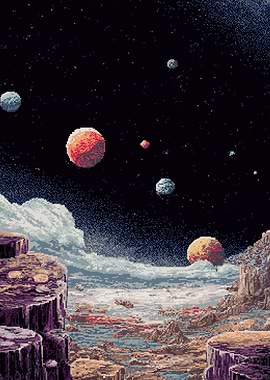 Pixel Art Alien Landscape with Planets