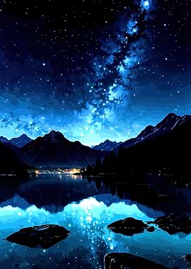 Starry Night Over Mountains and Lake