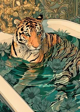 Tiger in a Bathtub with Flowers