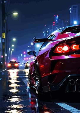 Red Sports Car at Night