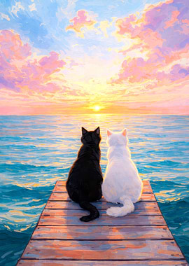 Two Cats Watching a Sunset