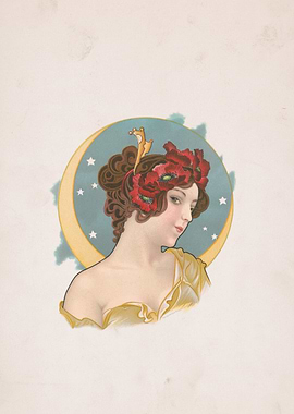Art Nouveau Woman with Poppies and Moon