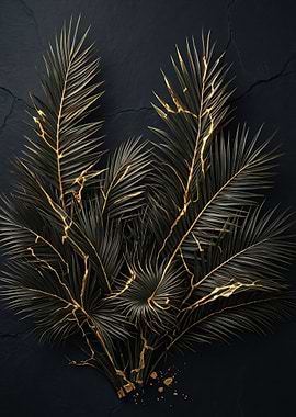 Black Palm Leaves with Gold Accents