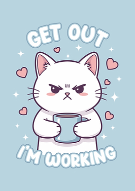 Cute Grumpy Cat Working with Coffee