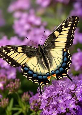 Eastern Tiger Swallowtail Butterfly on Purple Flowers