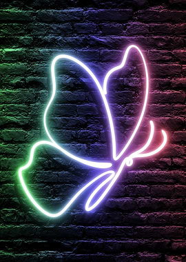 Colorful Neon Butterfly on a dark Brick Wall Background