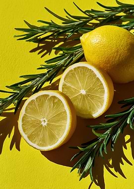 Lemon and Rosemary on Yellow Background