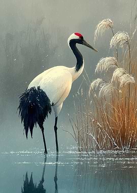 Red-crowned Crane in Snowy Reeds