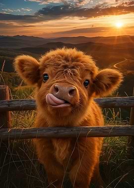Cute Highland Cow Licking Nose at Sunset