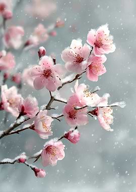 Pink Cherry Blossoms in Snow