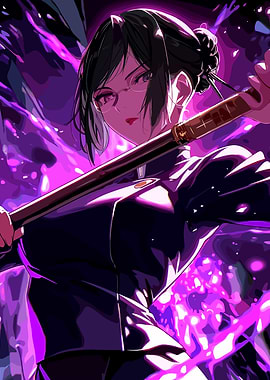 Anime Girl with Katana and Purple Energy