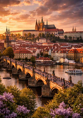 Prague Castle and Charles Bridge at Sunset