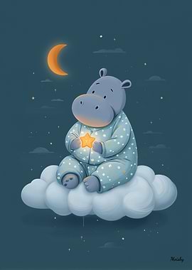 Cute Hippo Illustration Dreamlike Night Scene
