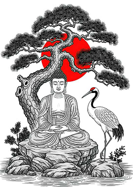 Buddha, Crane, and Pine Tree