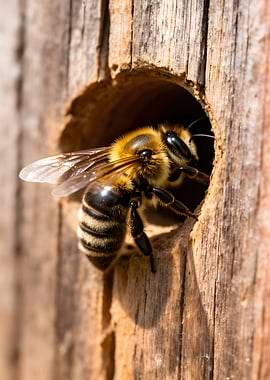 Bee emerging from wooden hive entrance