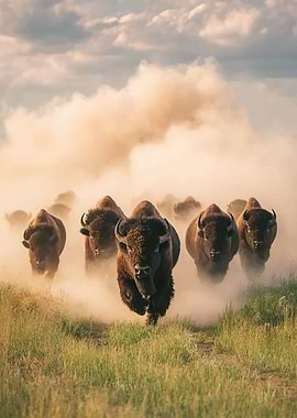 Bison herd running through dust