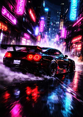 Cyberpunk Car Drifting in Neon City